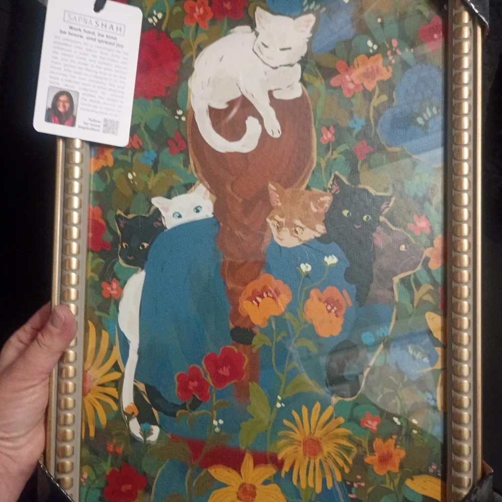 NWT NEW Sapna Shah Cat Art Framed Print - Picture 2 of 2